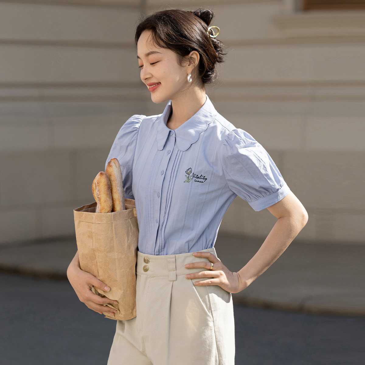 茵曼翻领2022年夏季新款泡泡袖衬衫 茵曼翰飞衬衫