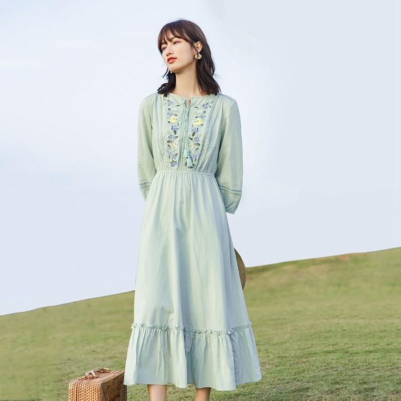 茵曼旗舰店2021春秋新款棉麻连衣裙 茵曼翰飞连衣裙