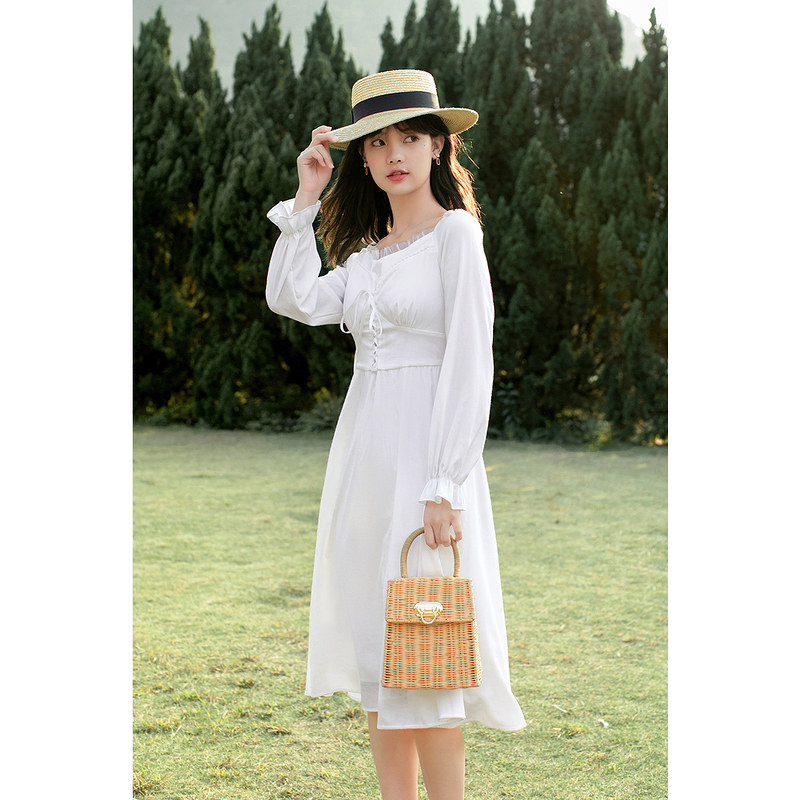 茵曼方领温柔系法式复古早仙女裙子 茵曼翰飞连衣裙