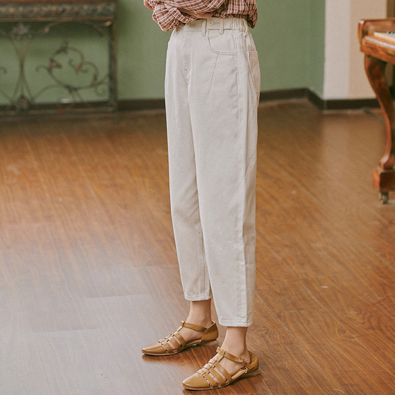 茵曼奶奶裤奶白色九分牛仔裤女宽松 茵曼翰飞牛仔裤