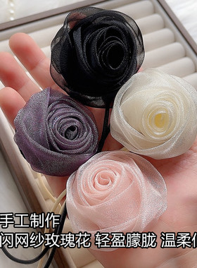 手工缎面玫瑰花山茶花颈带可调节飘带 choker 复古氛围感礼服项链