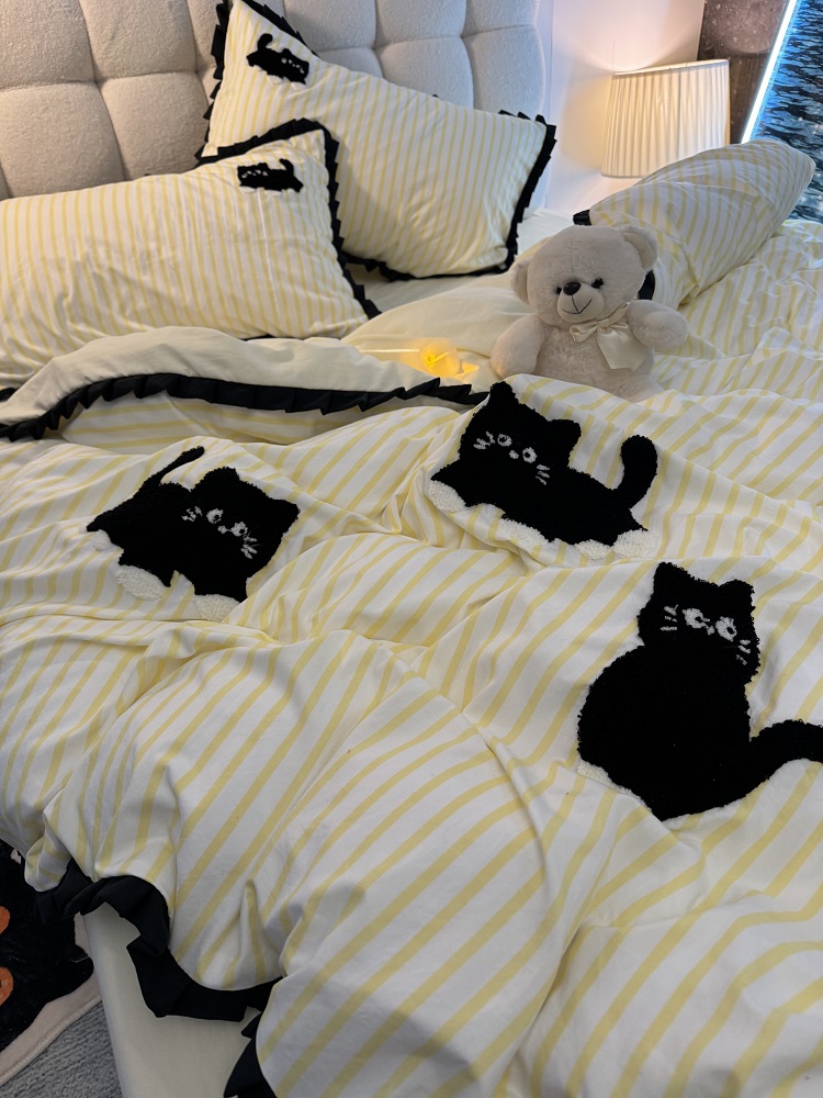 ins风条纹猫毛巾绣床上四件套女孩可爱卡通被套床单床品三件套1.5