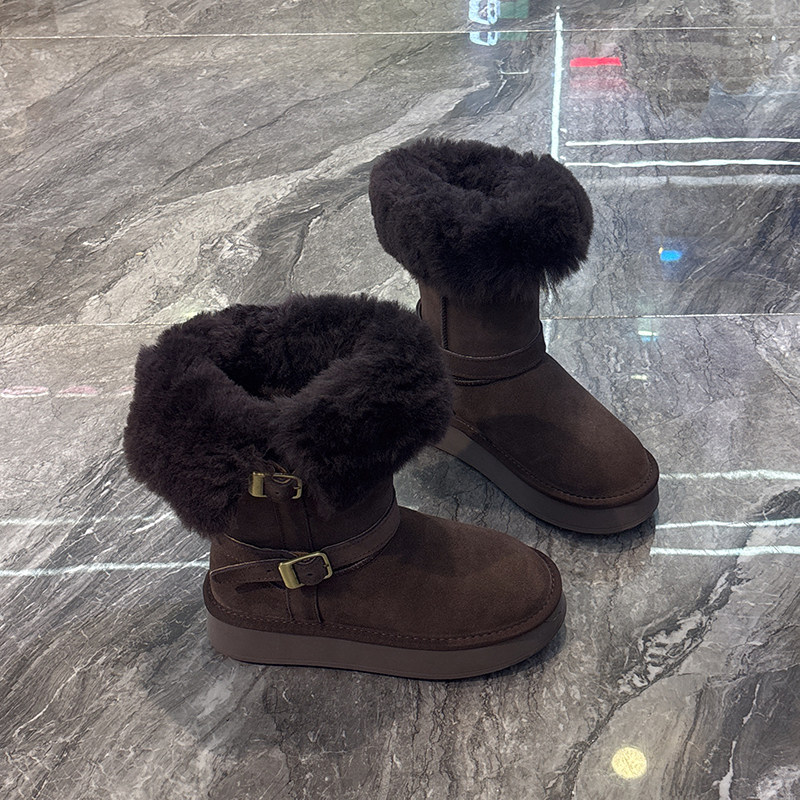毛茸茸~羊皮毛一体加厚雪地靴女2025冬季新款皮带扣圆头套筒棉靴,淘宝优惠券,粉丝福利购,淘宝优惠卷