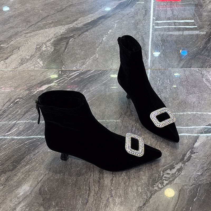 闪亮水钻~绒面厚底个性瘦瘦靴女2025冬新款后拉链百搭方扣时装靴,淘宝优惠券,粉丝福利购,淘宝优惠卷