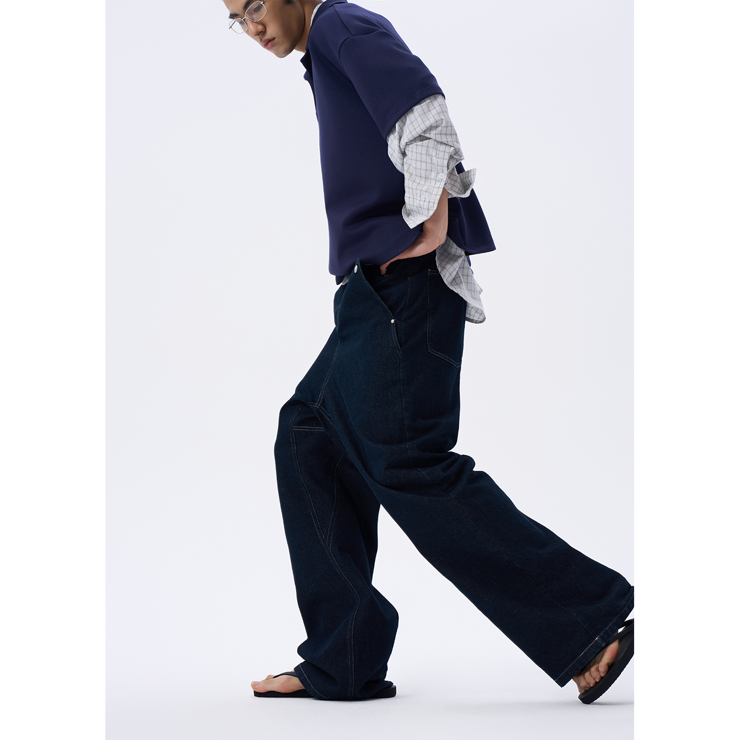 Babesochill翻折口袋微落档原色牛仔裤 - 图3