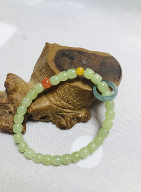 和田玉黄口料手链卡6mm冰底色玉质细腻干净配珠南红蜜蜡翡翠环