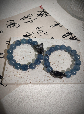 魔鬼蓝莹石手串拉丝羽毛感油画风手链天然水晶原创设计饰品礼物女