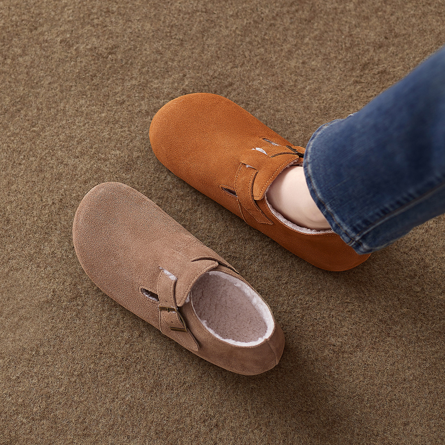 羊皮版巨好看平底加绒毛毛勃肯鞋女2025秋冬季新款脚蹬内增高单鞋,淘宝优惠券,粉丝福利购,淘宝优惠卷