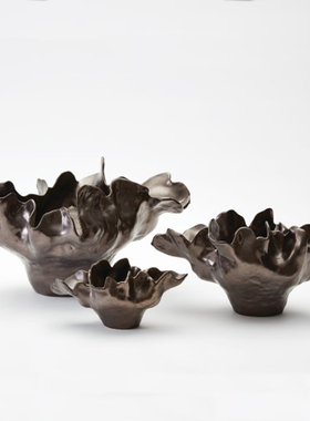 环球悦生活样板间软装设计象牙绿羽毛漩涡陶瓷碗异形果盘轻奢摆件