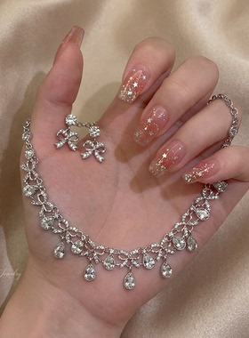 法式复古新娘蝴蝶结闪钻项链耳环