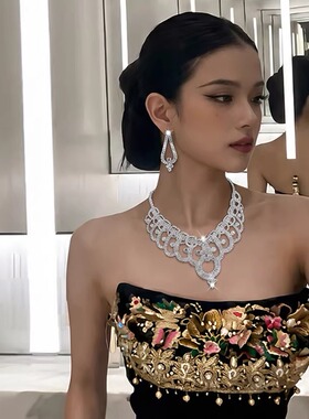 奢华水钻新娘锁骨链耳钉套装