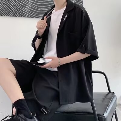 男士冰丝西服套装发型师潮牌男装痞帅高级感休闲西服外套五分短裤 - 图0