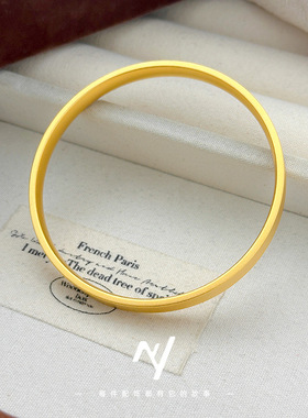 小红书周家同款古法平面四方如意素圈手镯 真空24k电镀磨砂手环女