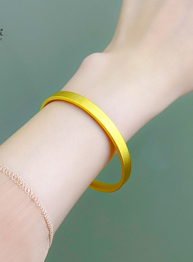 古法传承沙金999哑光四方如意实心手镯女送妈妈素圈方镯简约气质