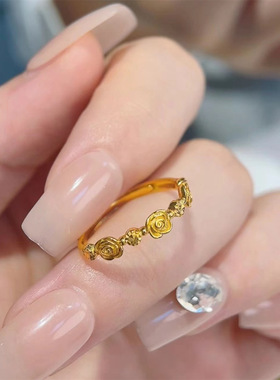 小子玫瑰花戒指女新款24k包金浪漫复古感黄金色花朵指环