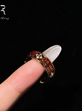 中古红色滴油花朵戒指女食指戒