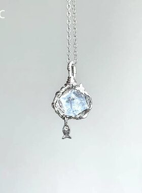 蓝色方块小鱼绕线项链女轻奢高级