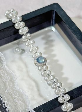 女银饰法式海蓝宝双层珍珠手链