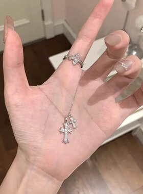 纯银双十字架仿闪钻项链