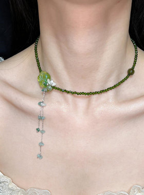 绿色花朵串珠流苏项链女颈链百搭