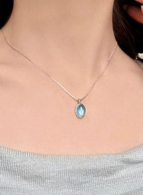 S925纯银海蓝宝吊坠项链夏季新款