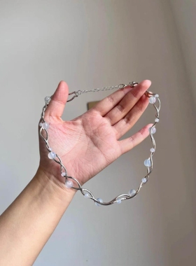 浅蓝色串珠波浪项链女双层颈链