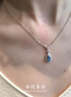 S925纯银爆闪蓝色水滴项链女款