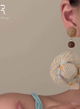 蓝色蝴蝶结草帽耳钉2026新款百搭
