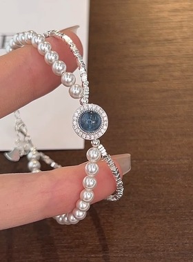 s925纯银海蓝宝碎银子珍珠手链