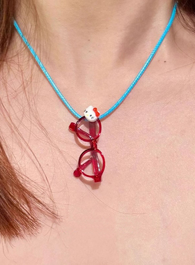 可爱kitty猫红框眼镜项链