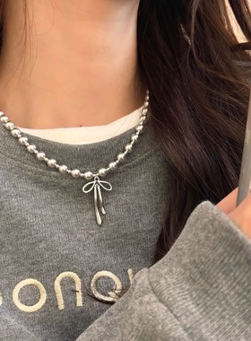 S925银亚麻灰蝴蝶结仿珍珠项链