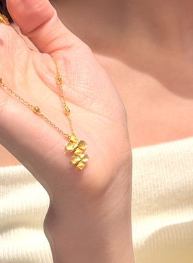 复古金色双花吊坠项链高级感颈链