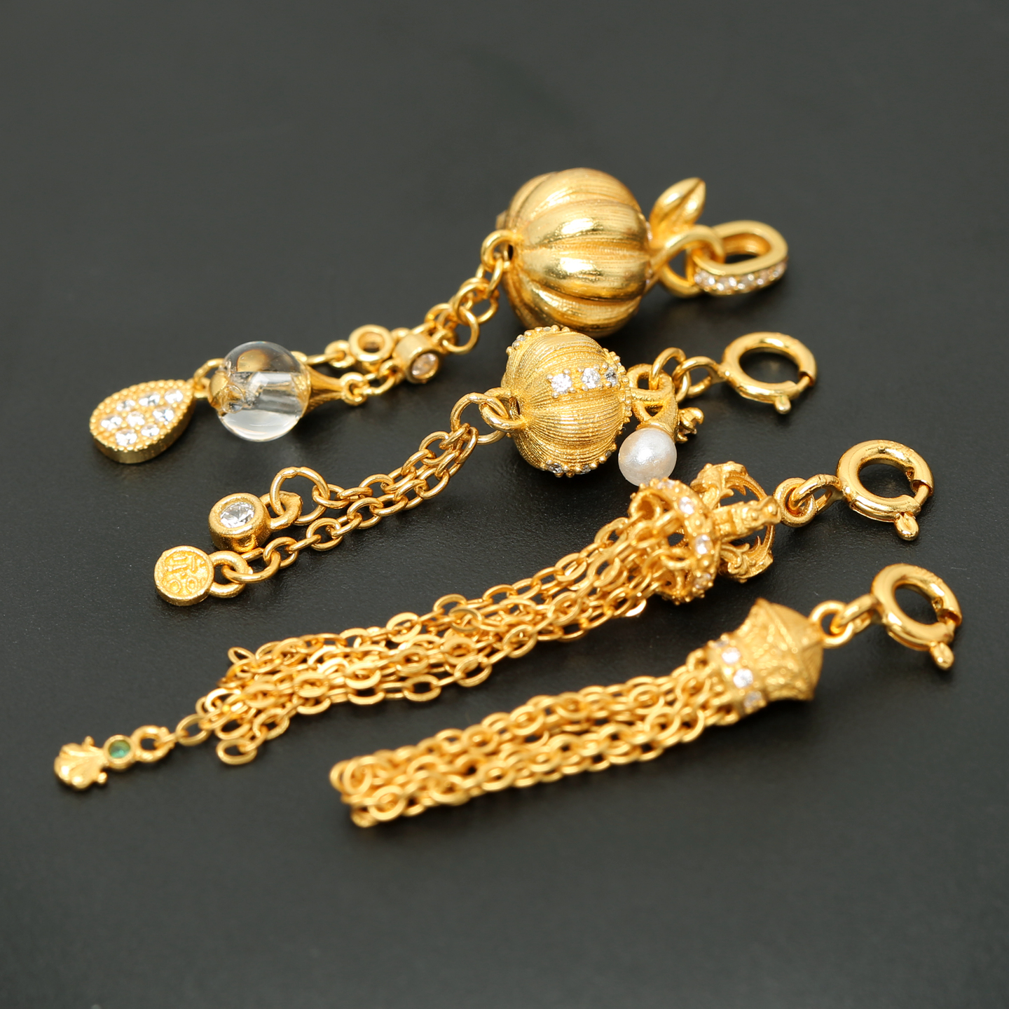 S925古法银镀金镶钻南瓜珠提溜流苏穗子吊坠DIY手链手串挂坠配件 - 图3