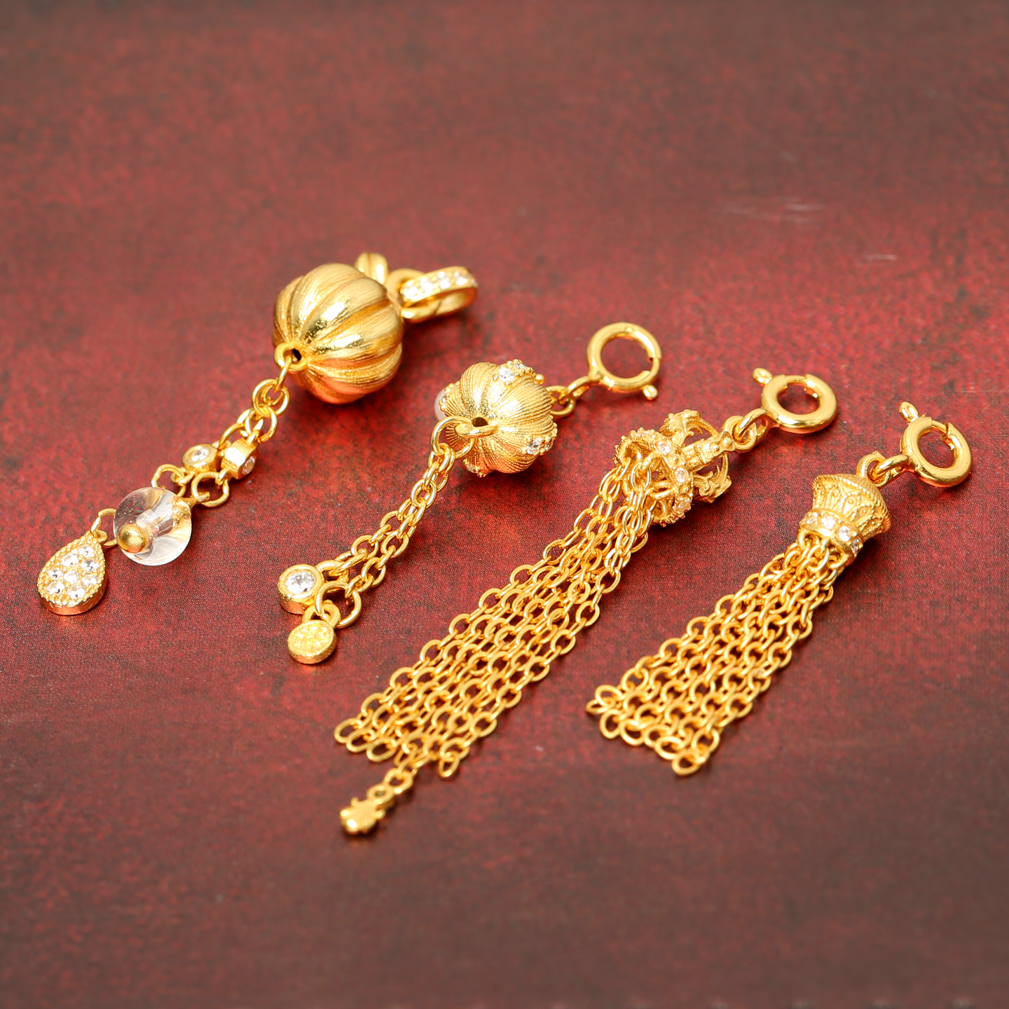 S925古法银镀金镶钻南瓜珠提溜流苏穗子吊坠DIY手链手串挂坠配件 - 图1