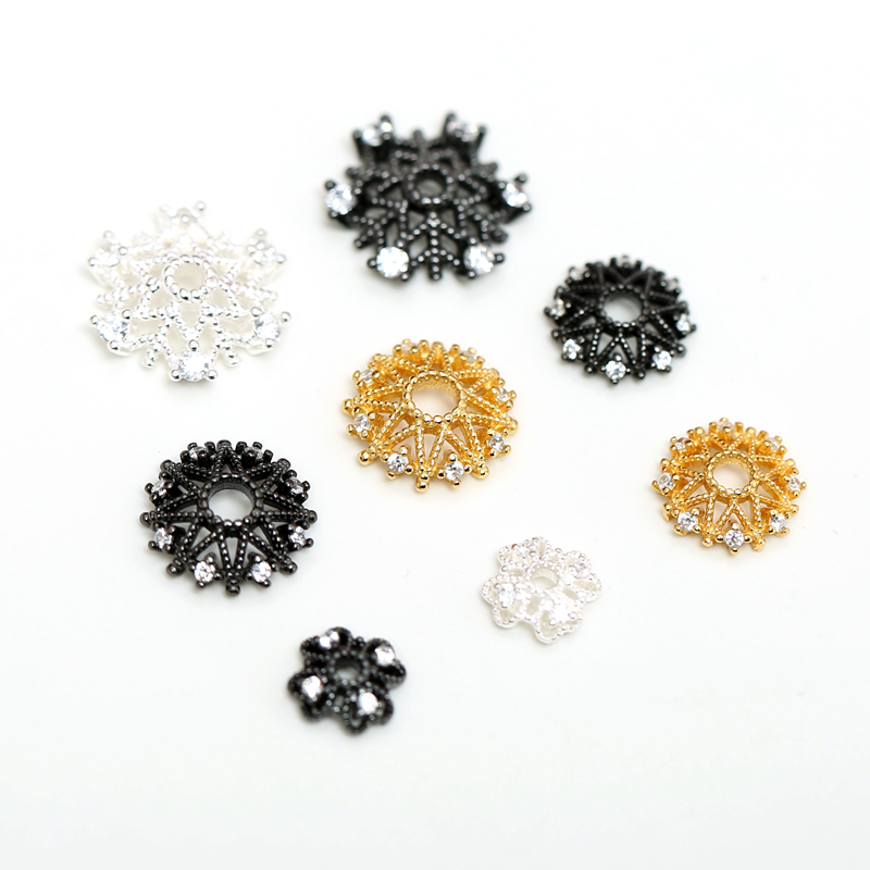 S925纯银枪黑镶钻镂空大号花托花帽DIY水晶手链手串隔珠串珠配件 - 图3