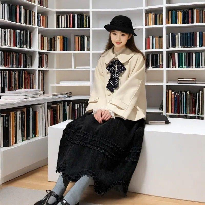 夹棉学院风小个子蝴蝶结毛呢外套2026年新款荷叶边花瓣冬季套装裙,淘宝优惠券,粉丝福利购,淘宝优惠卷