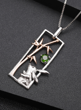 银镀白金镶绿透辉石项链国风竹兔意境设计精致优雅美时尚文艺吸睛