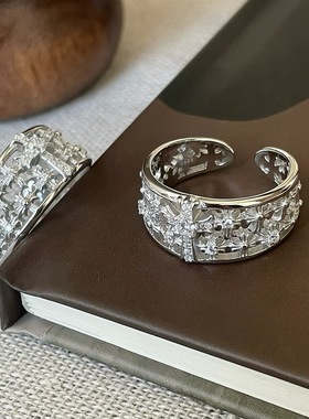 S925纯银镂空十字架镶钻克罗开口戒指女小众宽版食指戒轻奢高级