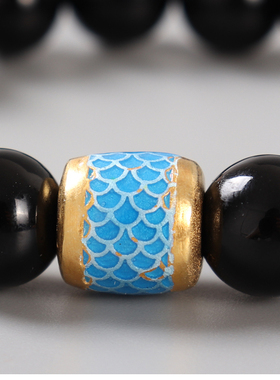 时尚黑玛瑙圆珠手链 925银龙鳞纹桶珠手串单圈 本命年节日礼物