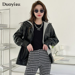 朵以春装新款假两件PU皮衣拼接连帽机车夹克短外套37TD433030留