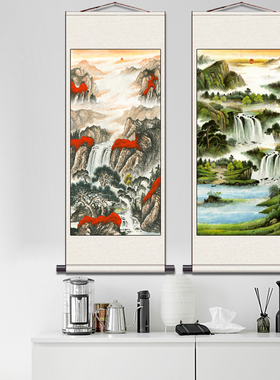 富水长流玄关装饰画竖版走廊过道山水画风水招财进门中堂客厅挂画