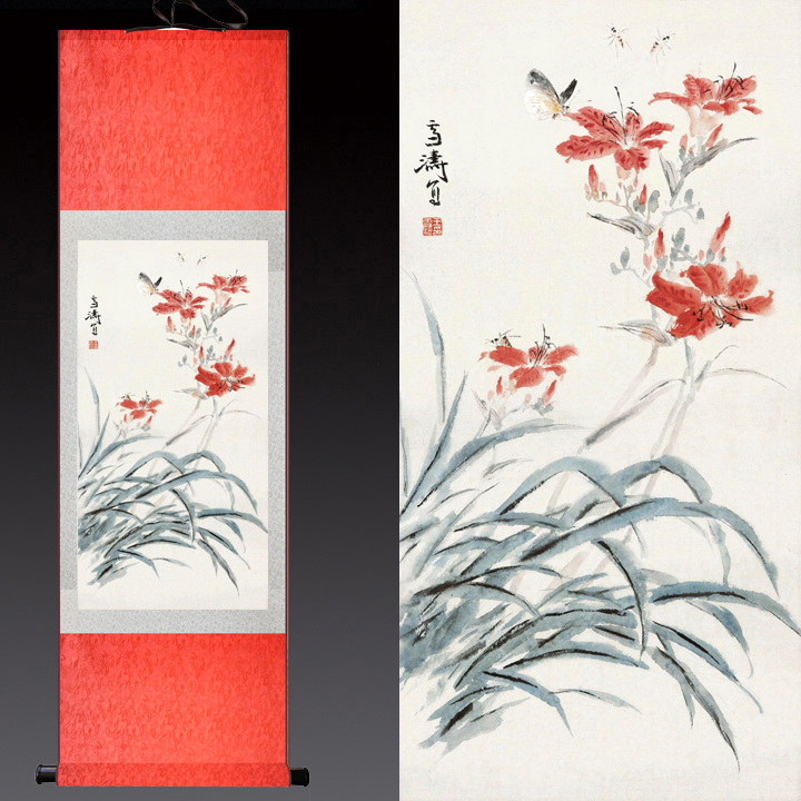 玄关客厅走廊装饰挂画中国画名家兰花卷轴字画四尺竖幅丝绸风水画 玄关客厅走廊装饰挂画中国画名家兰花卷轴字画四尺竖幅丝绸风水画