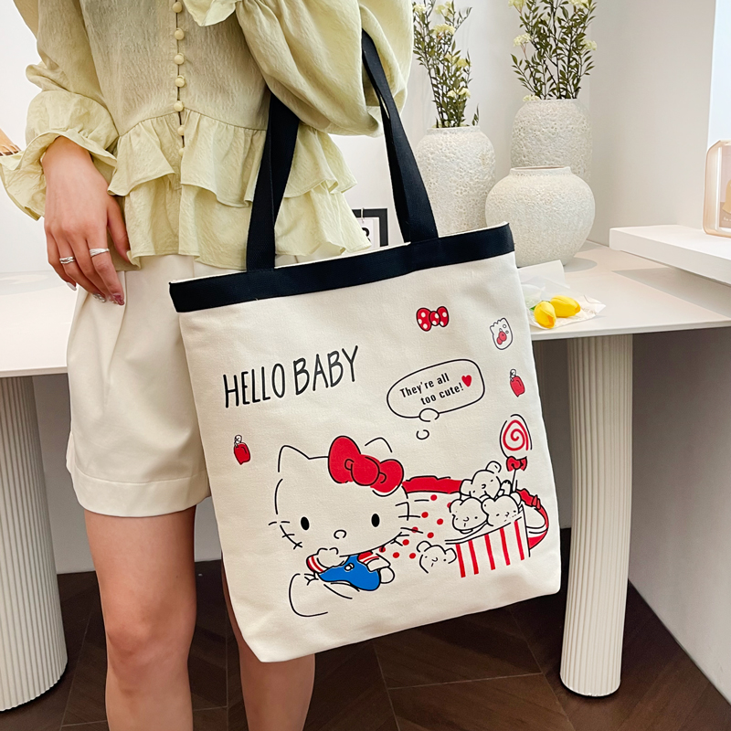 夏季帆布包女大容量单肩包女新款HelloKitty猫手提包便当袋托特包 - 图1