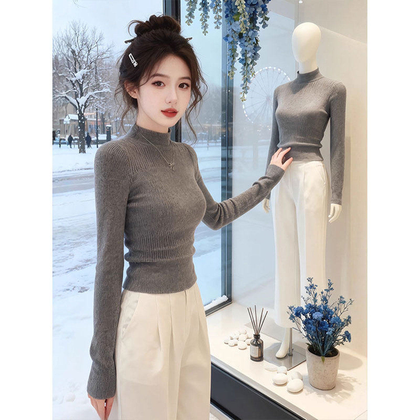 秋冬半高领修身紧身长袖打底针织衫上衣高级感外穿内搭灰色毛衣女,淘宝优惠券,粉丝福利购,淘宝优惠卷