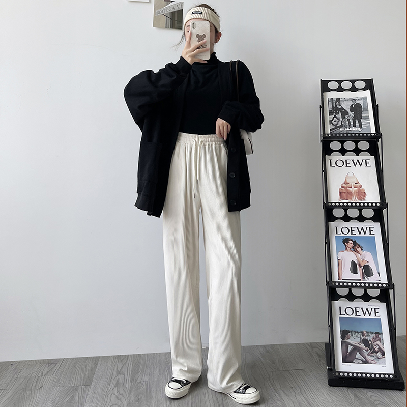 衣梵诗旗舰店灯芯绒阔腿裤女春秋新款高腰宽松直筒裤显瘦百搭白色休闲裤子0