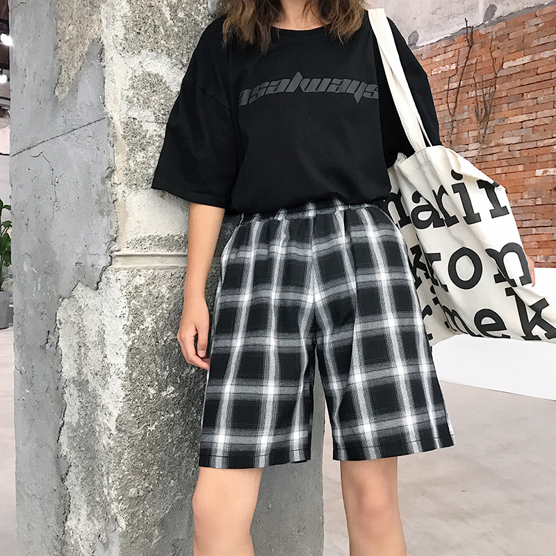 衣梵诗旗舰店黑白格子短裤女夏宽松学生直筒五分裤阔腿情侣宽松bf风速干裤沙滩0