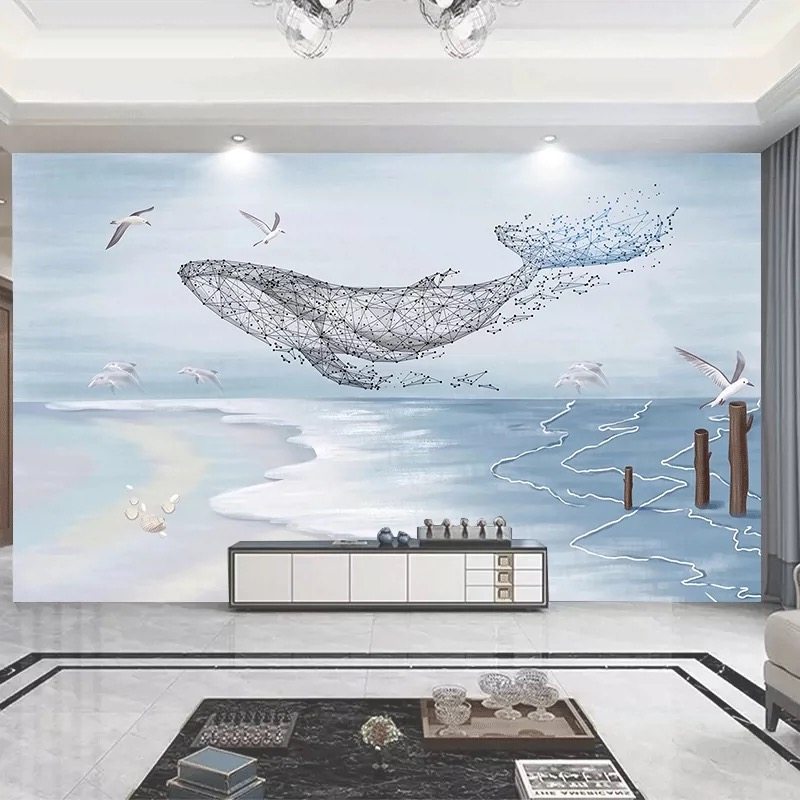 鲸鱼轻奢沙发电视背景墙壁布3d客厅立体壁画新款简约现代大气壁纸,淘宝优惠券,粉丝福利购,淘宝优惠卷