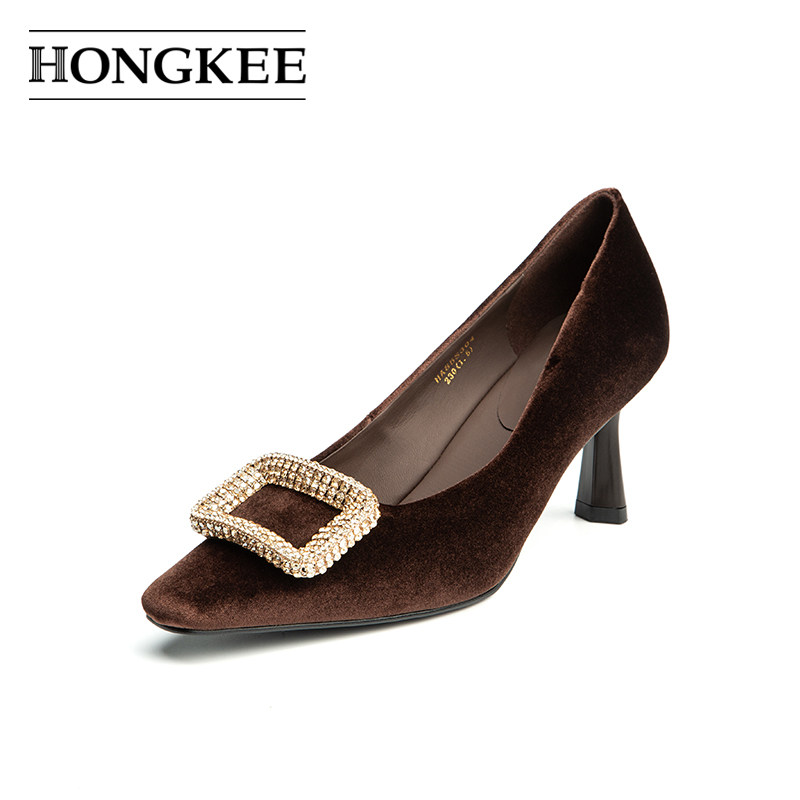 Hongkee/红科高跟鞋女气质细跟方扣丝绒面浅口女单鞋HA85S304,淘宝优惠券,粉丝福利购,淘宝优惠卷