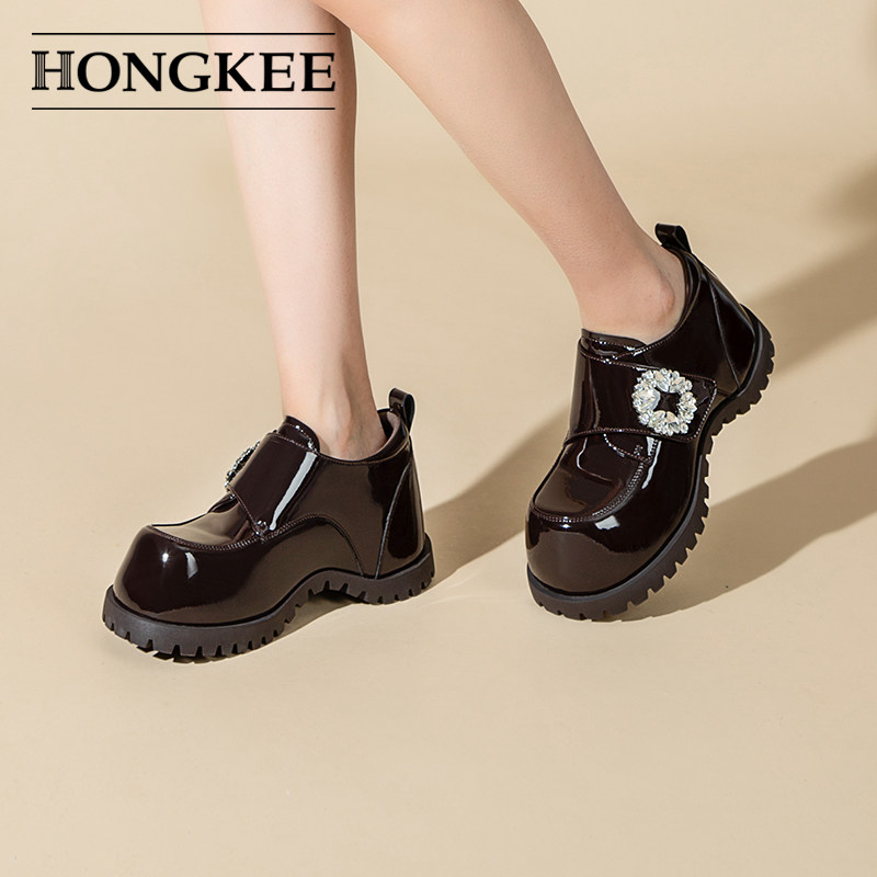 Hongkee/红科单鞋女2025秋季新款圆头厚底亮面内增高女鞋H805D317,淘宝优惠券,粉丝福利购,淘宝优惠卷