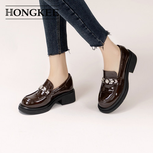 Hongkee/红科乐福鞋2026春季新款牛皮漆皮粗跟通勤女单鞋H816D101 - 图2